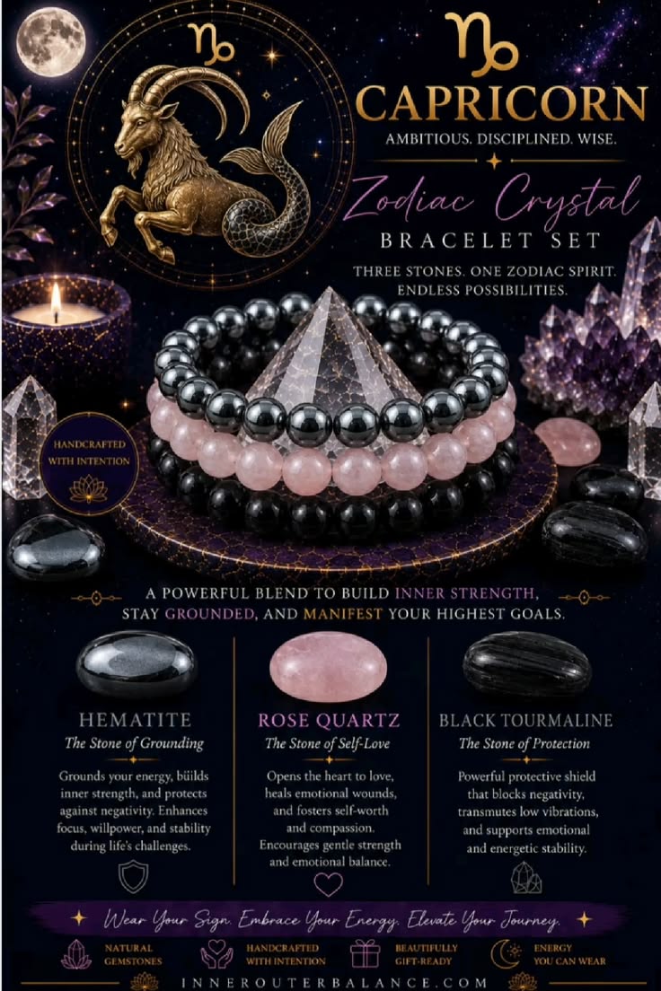 Capricorn Zodiac Crystal Bracelet Set | Best Crystals for Success, Discipline & Prosperity