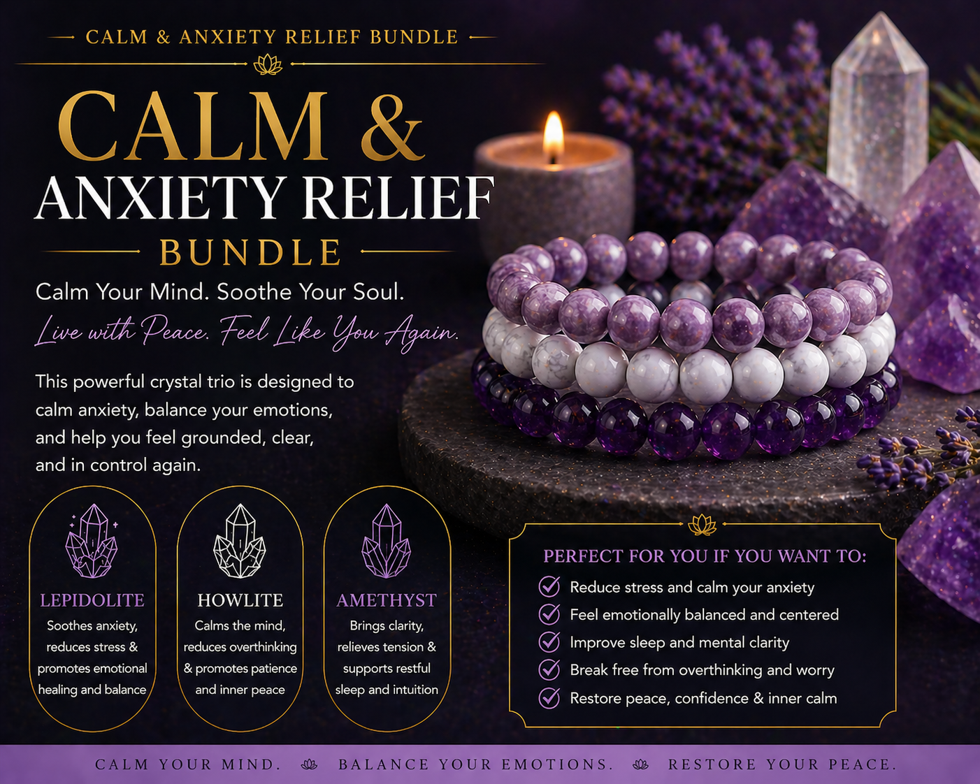 Calm & Anxiety Relief Bracelet Bundle | Stress Relief, Emotional Balance & Inner Peace Crystal Trio