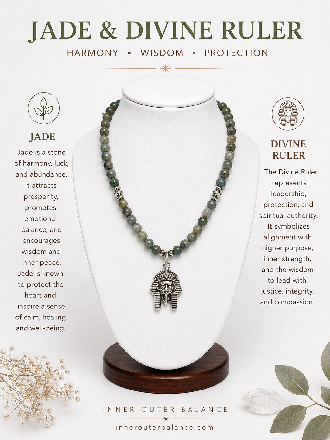 Jade Beaded Necklace with Kemetic Ruler Pendant