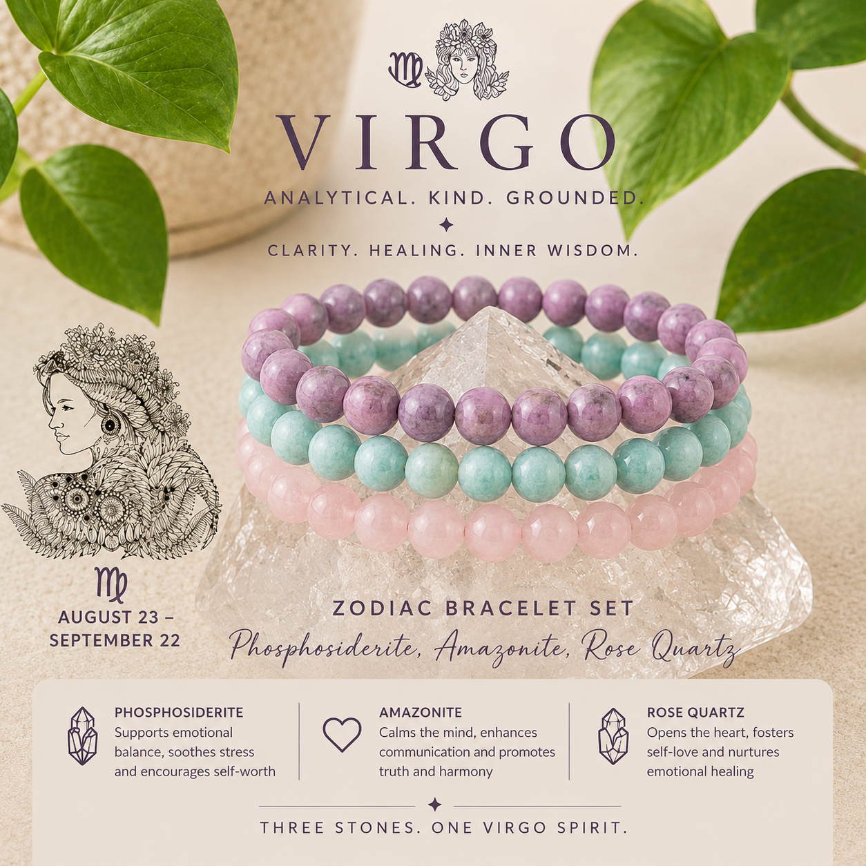 Virgo Zodiac Crystal Bracelet Set | Best Crystals for Balance, Self-Love & Overthinking