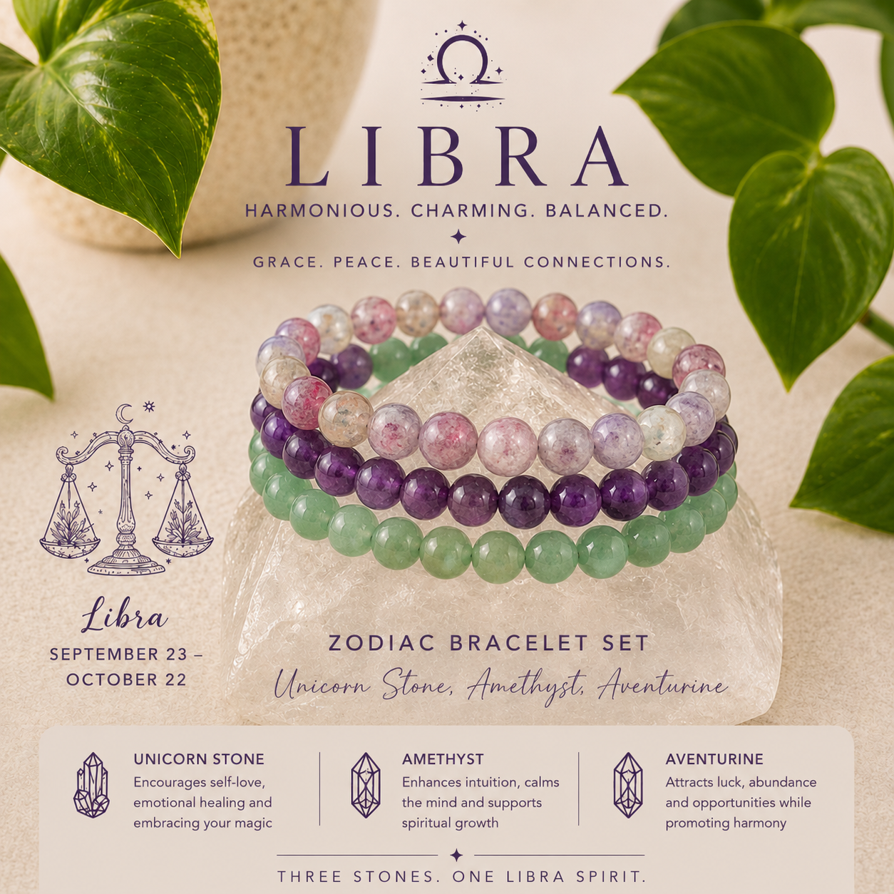 Libra Zodiac Crystal Bracelet Set | Best Crystals for Harmony, Love & Emotional Balance