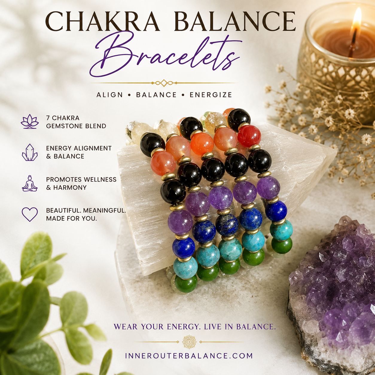 Chakra Balance Bracelet | 7 Chakra Crystal Bracelet for Energy Healing, Protection & Balance