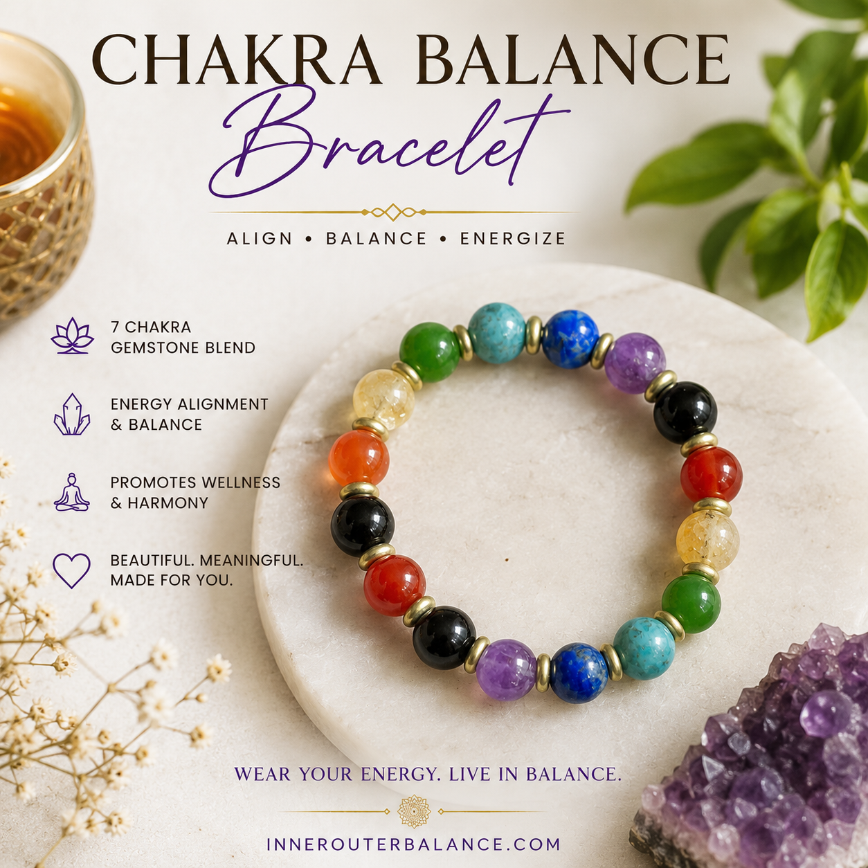 Chakra Balance Bracelet | 7 Chakra Crystal Bracelet for Energy Healing, Protection & Balance