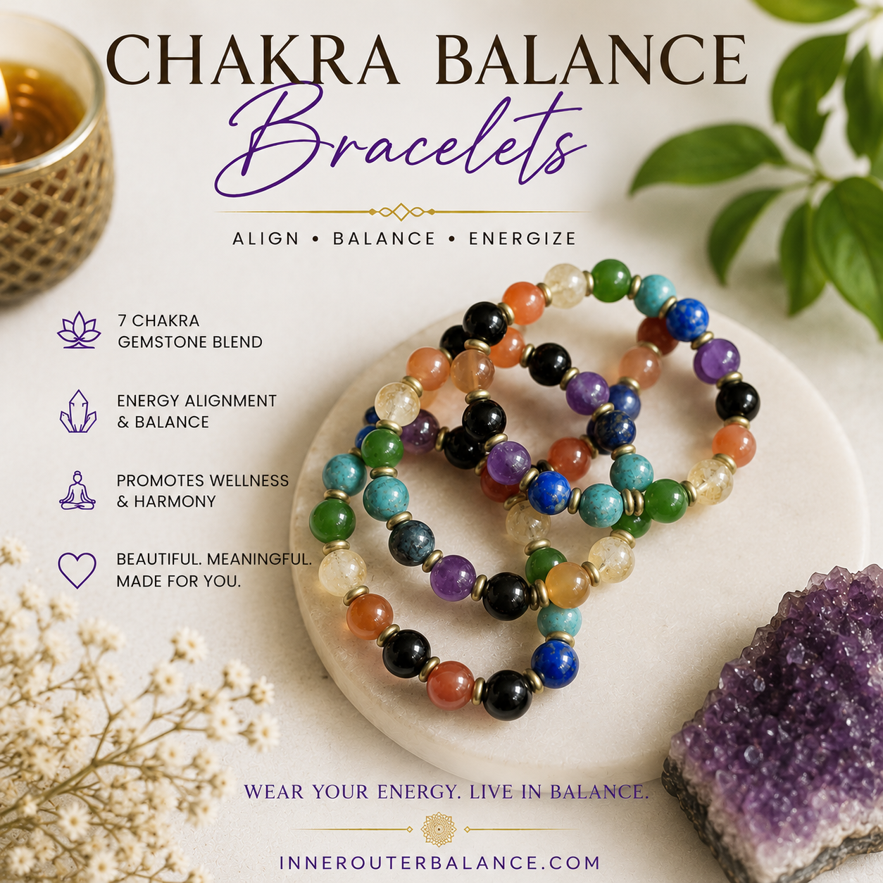 Chakra Balance Bracelet | 7 Chakra Crystal Bracelet for Energy Healing, Protection & Balance
