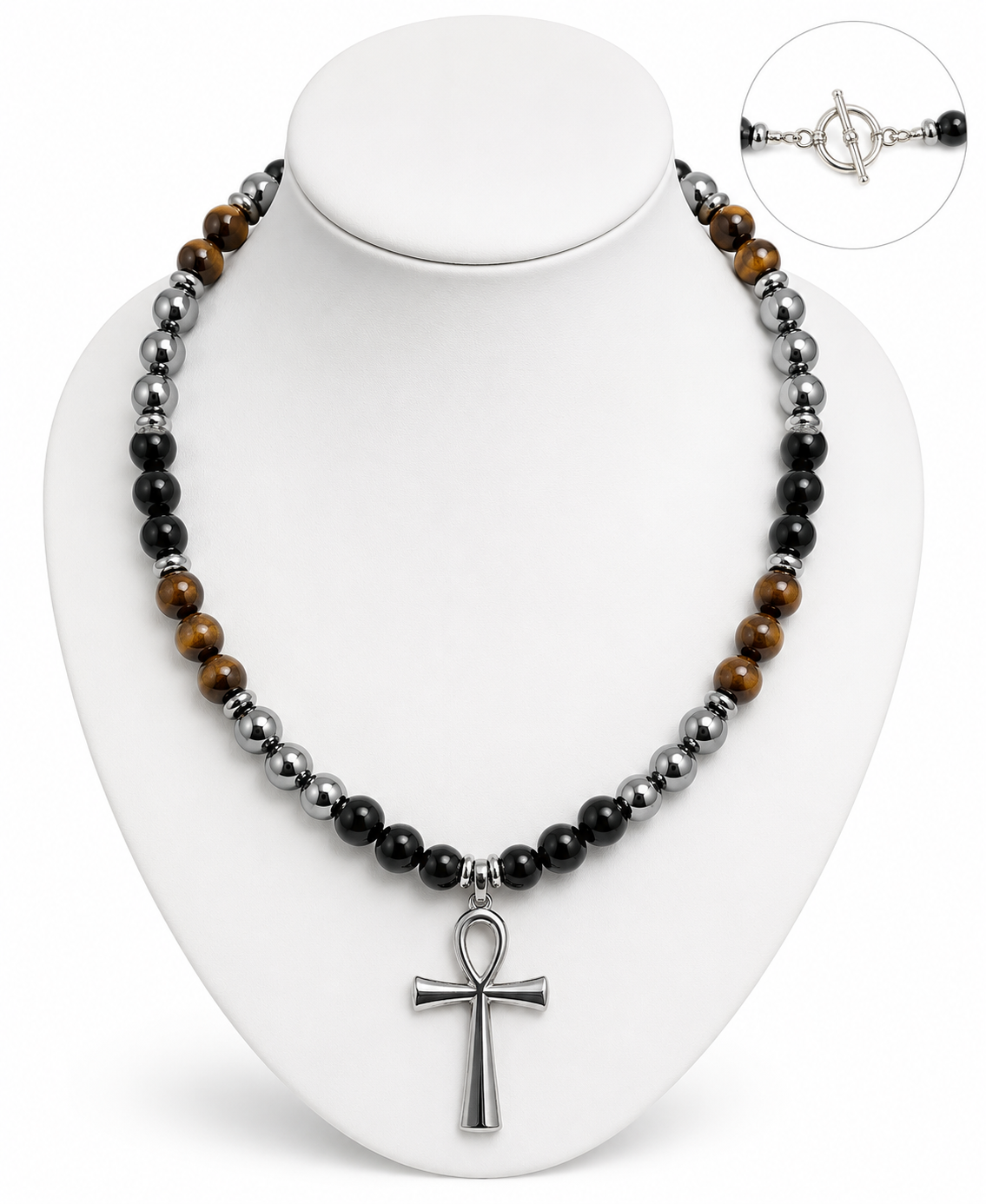 Handmade Tiger's Eye, Obsidian & Hematite Necklace with Ankh Necklace