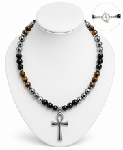 Handmade Tiger's Eye, Obsidian & Hematite Necklace with Ankh Necklace