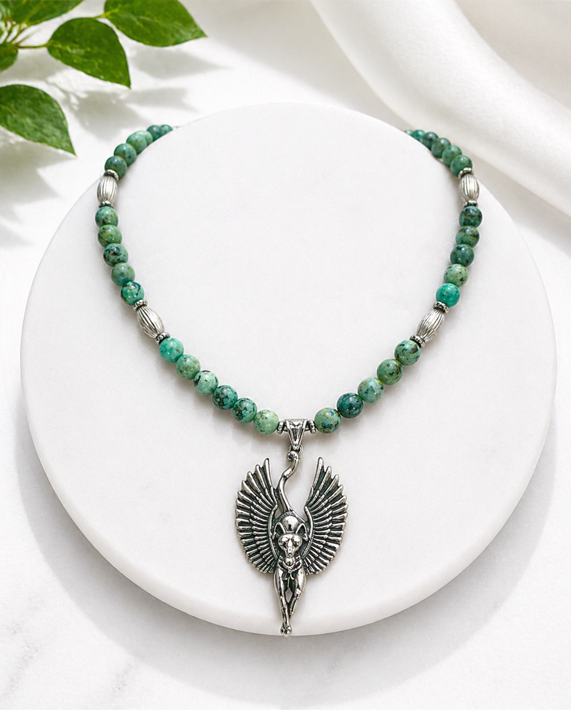 African Turquoise & Black Tourmaline Beaded Necklace with Winged Bastet Pendant