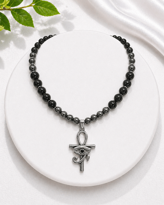 Obsidian & Hematite Beaded Necklace with Ankh + Eye of Ra Pendant – Handmade Protection Jewelry