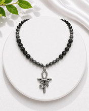 Obsidian & Hematite Beaded Necklace with Ankh + Eye of Ra Pendant – Handmade Protection Jewelry