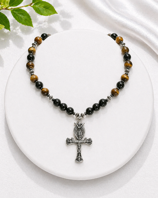 Handmade Tiger's Eye, Obsidian & Hematite Necklace with Ankh Pendant