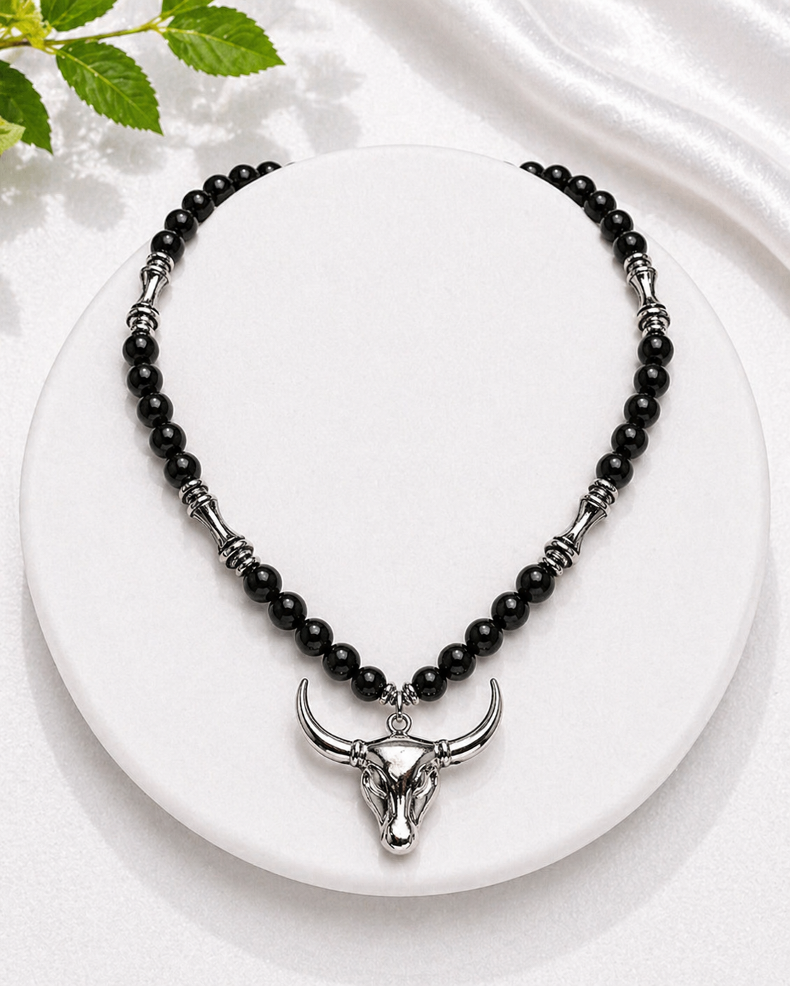 Obsidian & Hematite Beaded Necklace with Bull Pendant 22"– Handmade Protection Jewelry