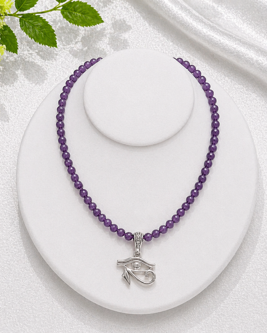 Amethyst Beaded Necklace with Eye of Heru Pendant – Handmade Spiritual Protection & Intuition Jewelry
