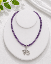 Amethyst Beaded Necklace with Eye of Heru Pendant – Handmade Spiritual Protection & Intuition Jewelry