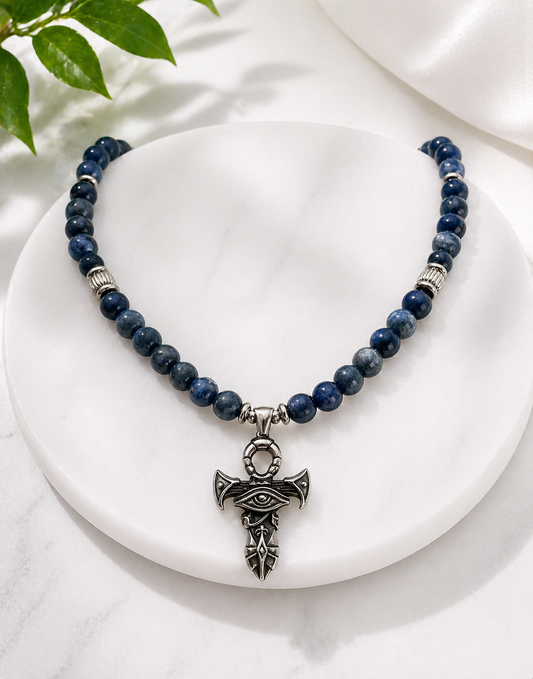 Sodalite Ankh Necklace with Eye of Ra Pendant