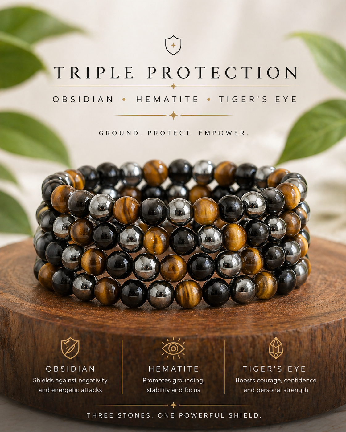 Triple Protection Bracelet – Tiger’s Eye, Hematite & Obsidian for Grounding, Energy Protection & Confidence