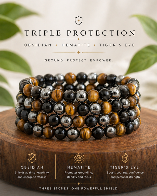 Triple Protection Bracelet – Tiger’s Eye, Hematite & Obsidian for Grounding, Energy Protection & Confidence