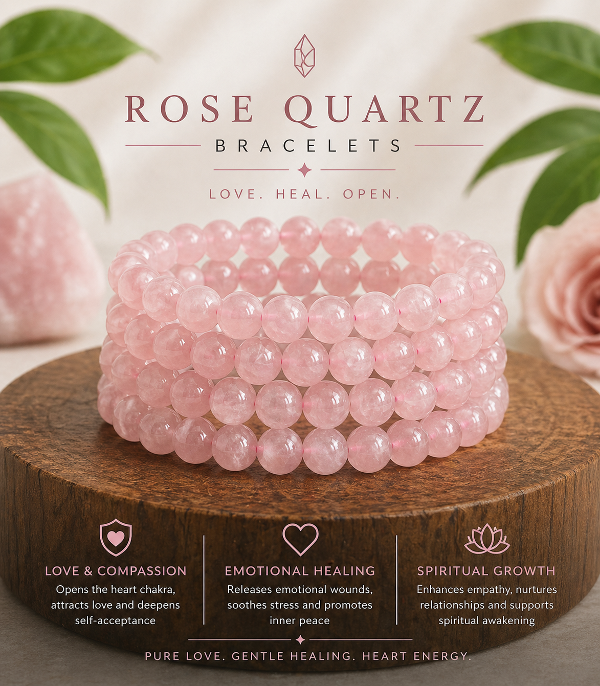 Rose Quartz Bracelet | Self Love, Emotional Healing & Heart Chakra Crystal Bracelet