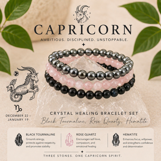 Capricorn Zodiac Crystal Bracelet Set | Best Crystals for Success, Discipline & Prosperity