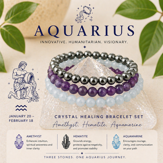 Aquarius Zodiac Crystal Bracelet Set | Best Crystals for Innovation, Intuition & Authenticity