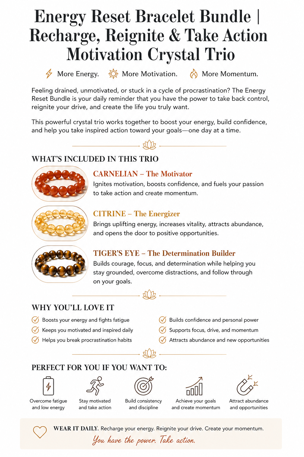 Energy Reset Bracelet Bundle | Motivation, Confidence & Momentum Crystal Trio