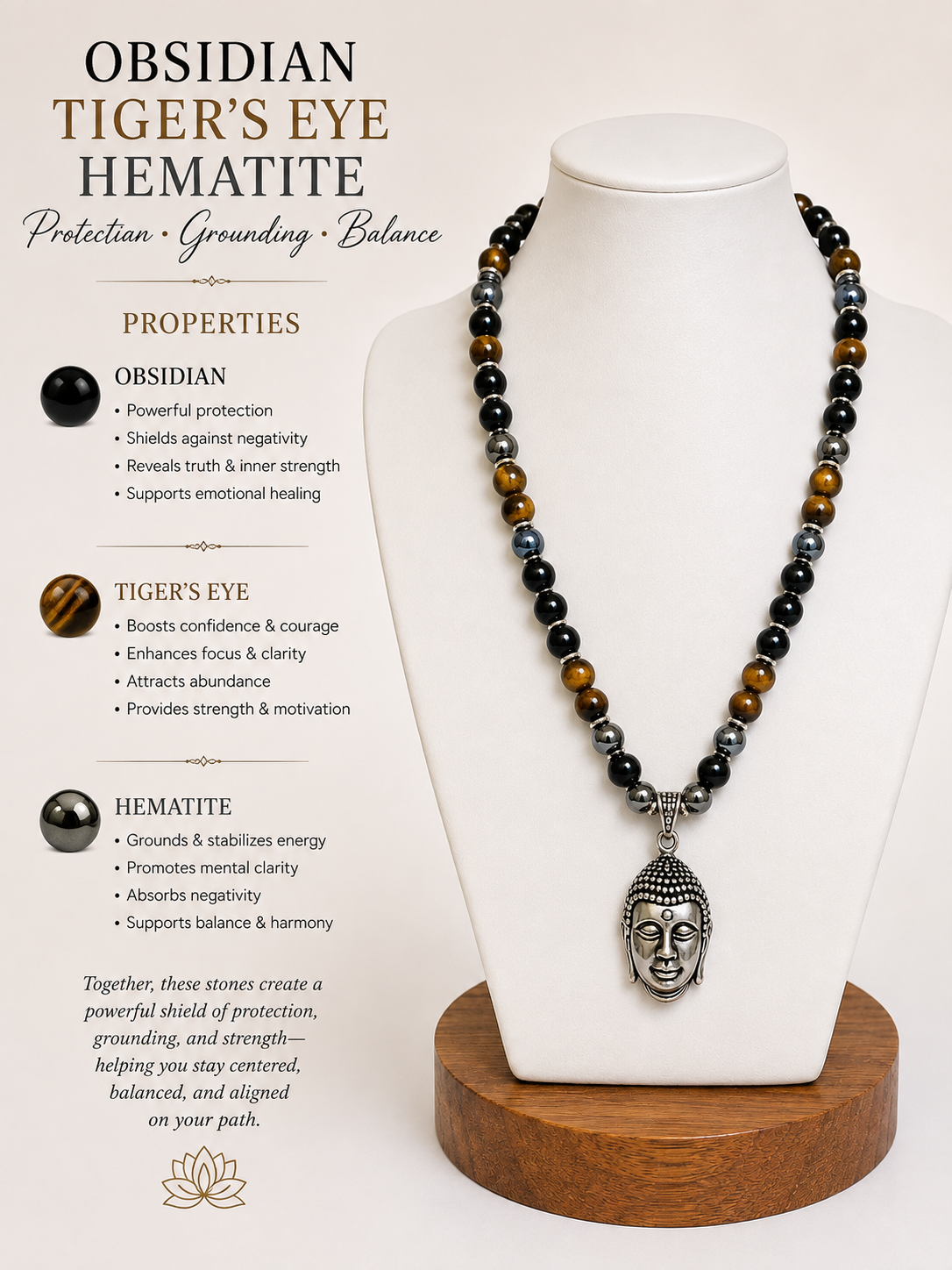 Obsidian, Tiger's Eye & Hematite Buddha Necklace | Protection & Grounding