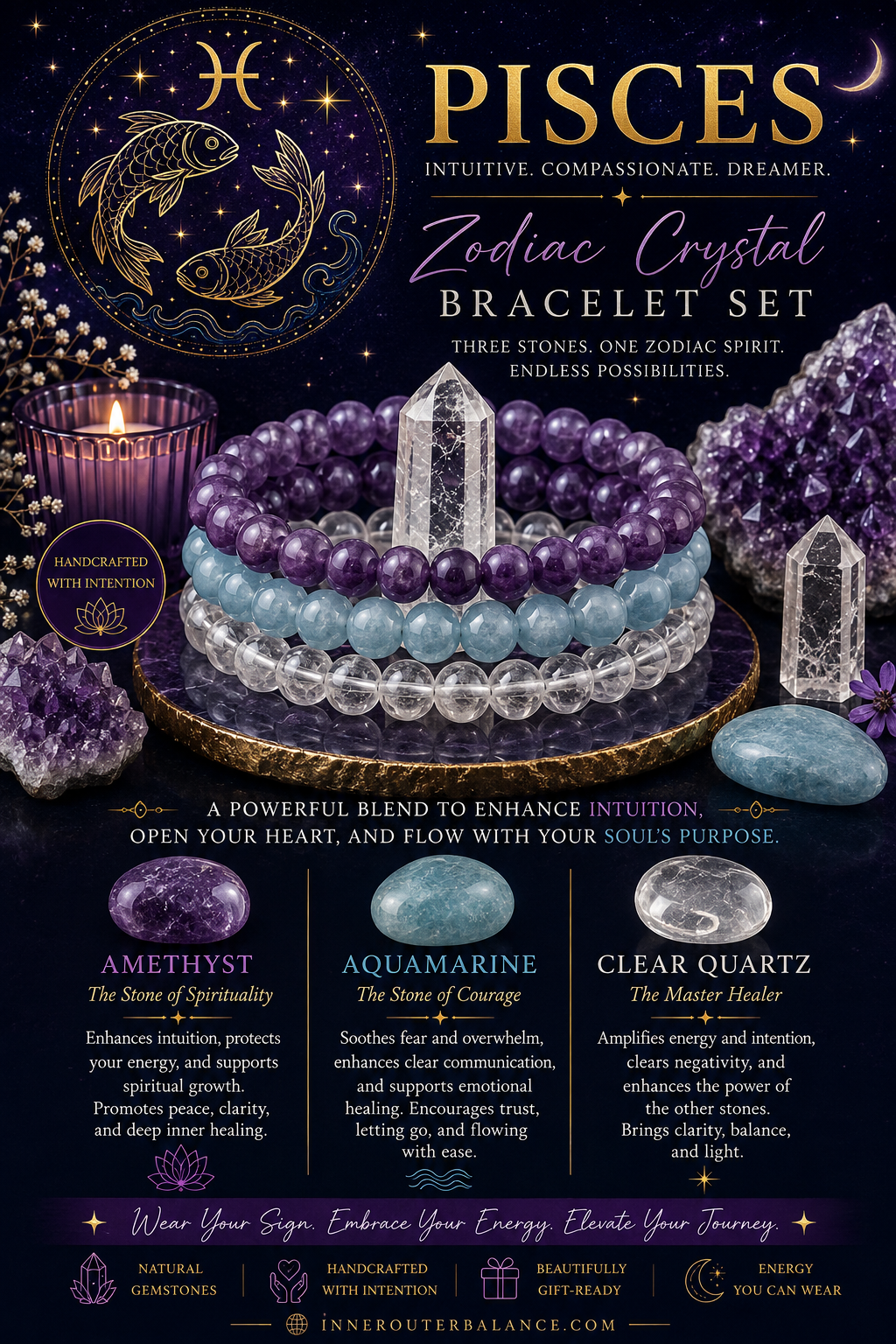 Pisces Zodiac Crystal Bracelet Set | Best Crystals for Intuition, Emotional Healing & Spiritual Protection