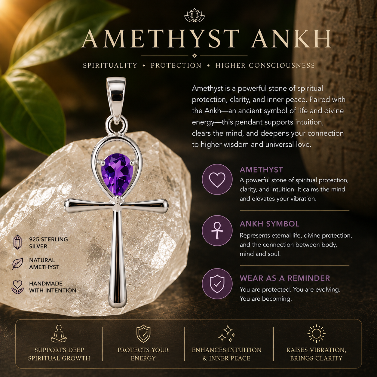 Amethyst Sterling Silver Ankh Pendant