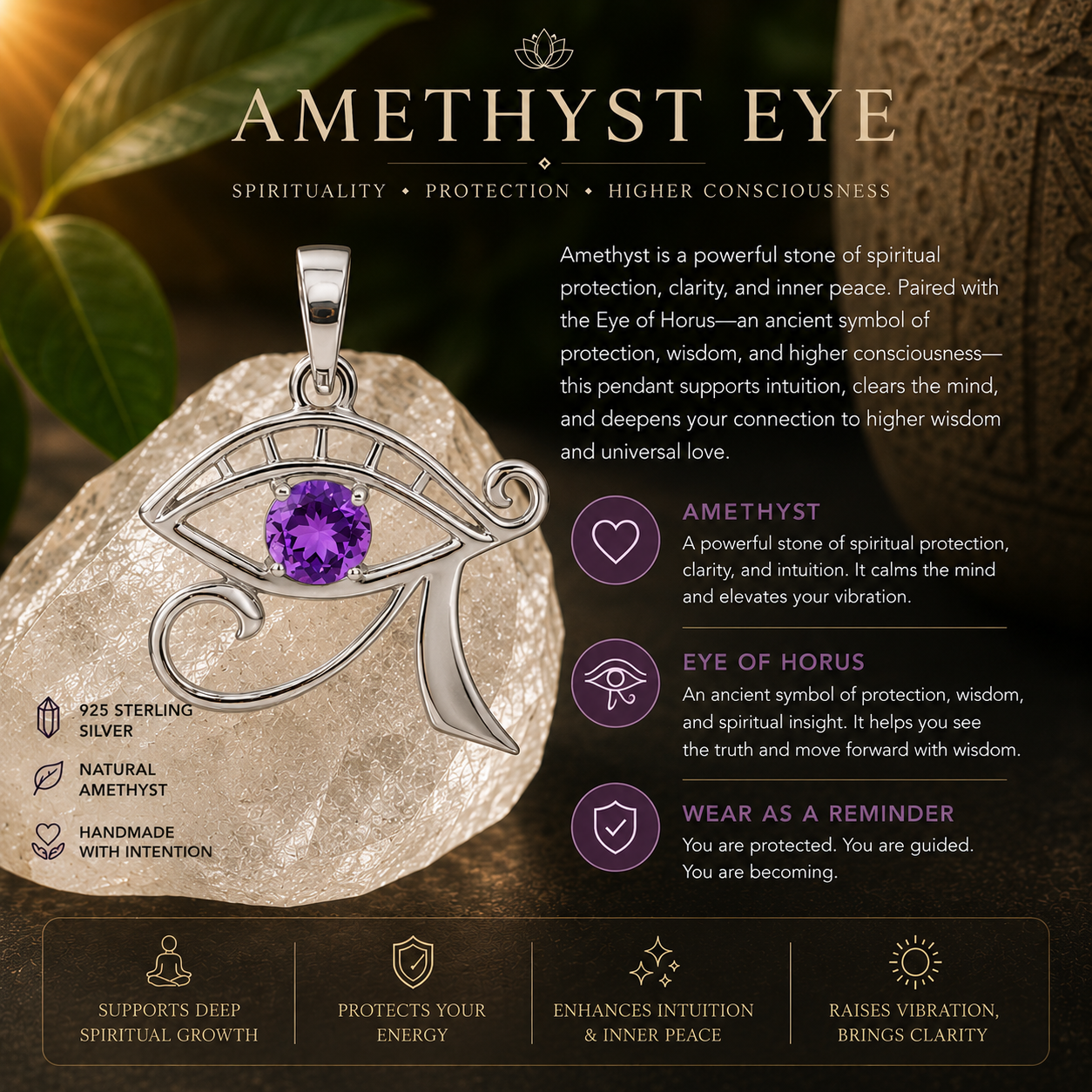 Amethyst Sterling Silver Eye of Heru (Horus) Pendant
