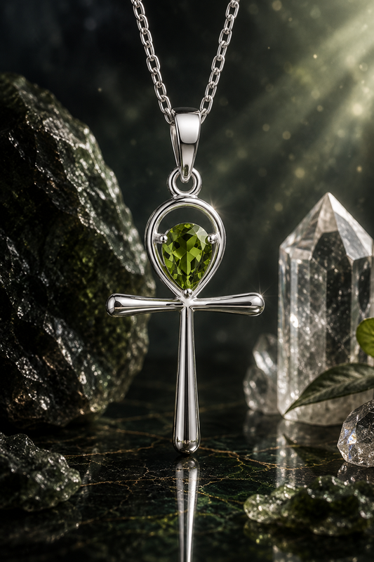 Moldavite Sterling Silver Ankh Pendant
