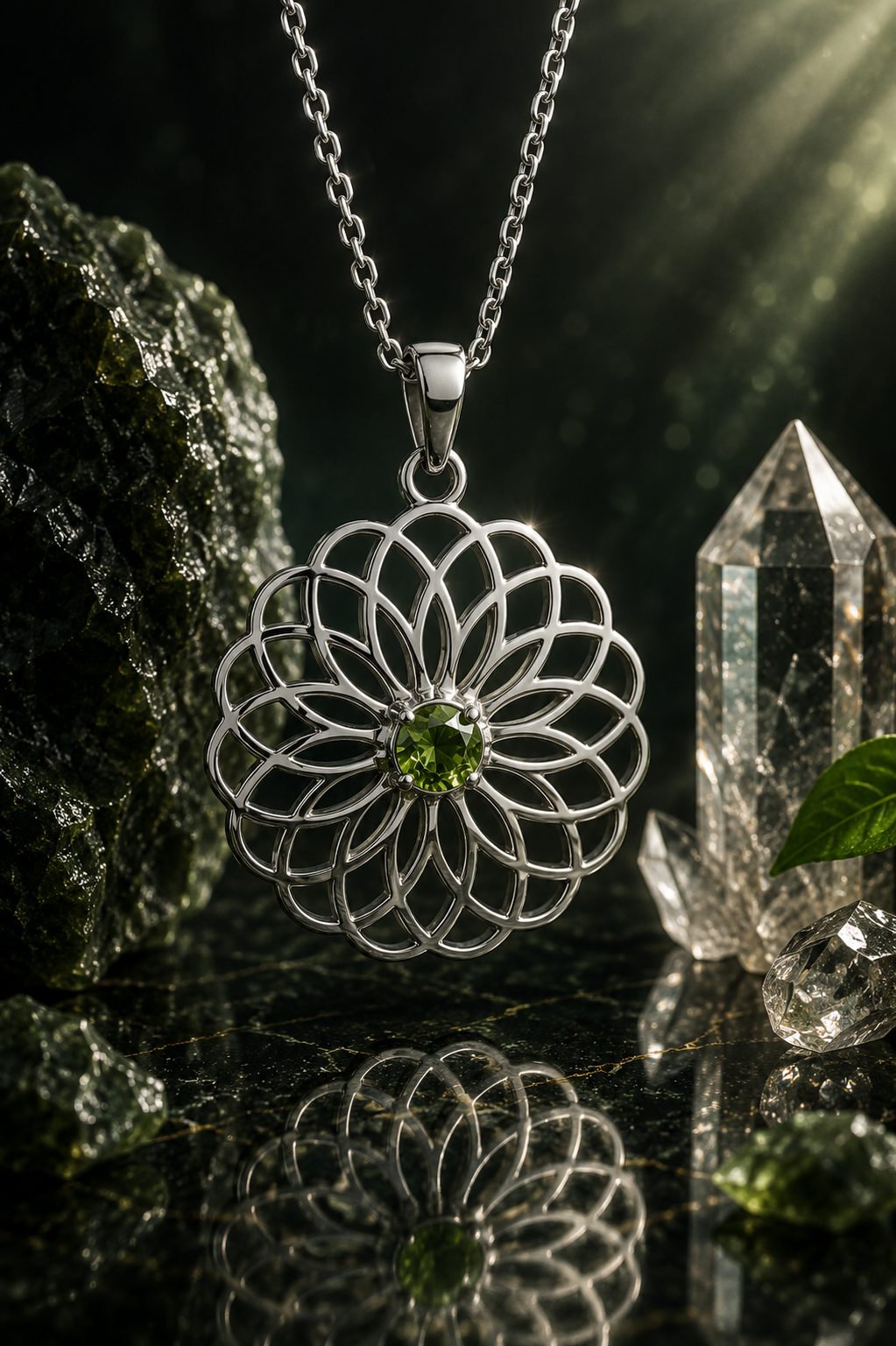 Moldavite Sterling Silver Flower of Life  Pendant