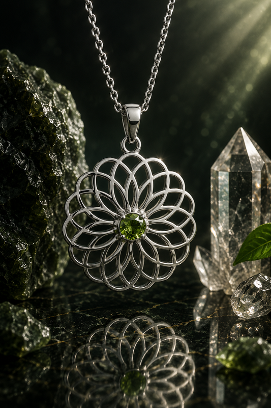 Moldavite Sterling Silver Flower of Life  Pendant