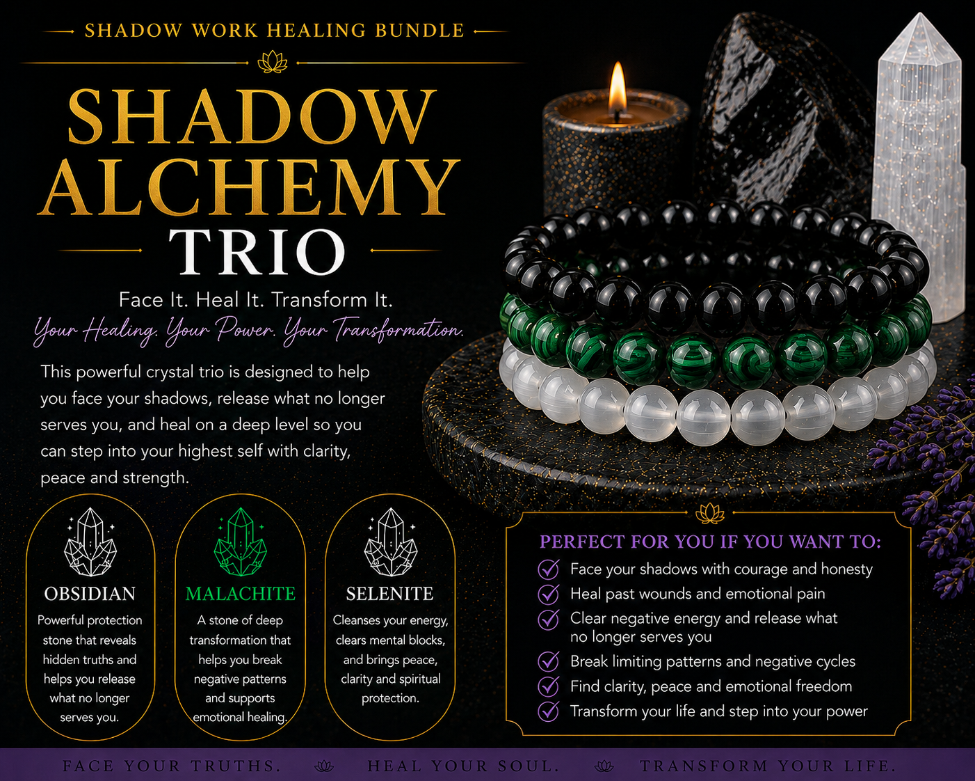 Shadow Work Healing Bracelet Bundle | Emotional Healing, Transformation & Inner Growth Crystal Trio
