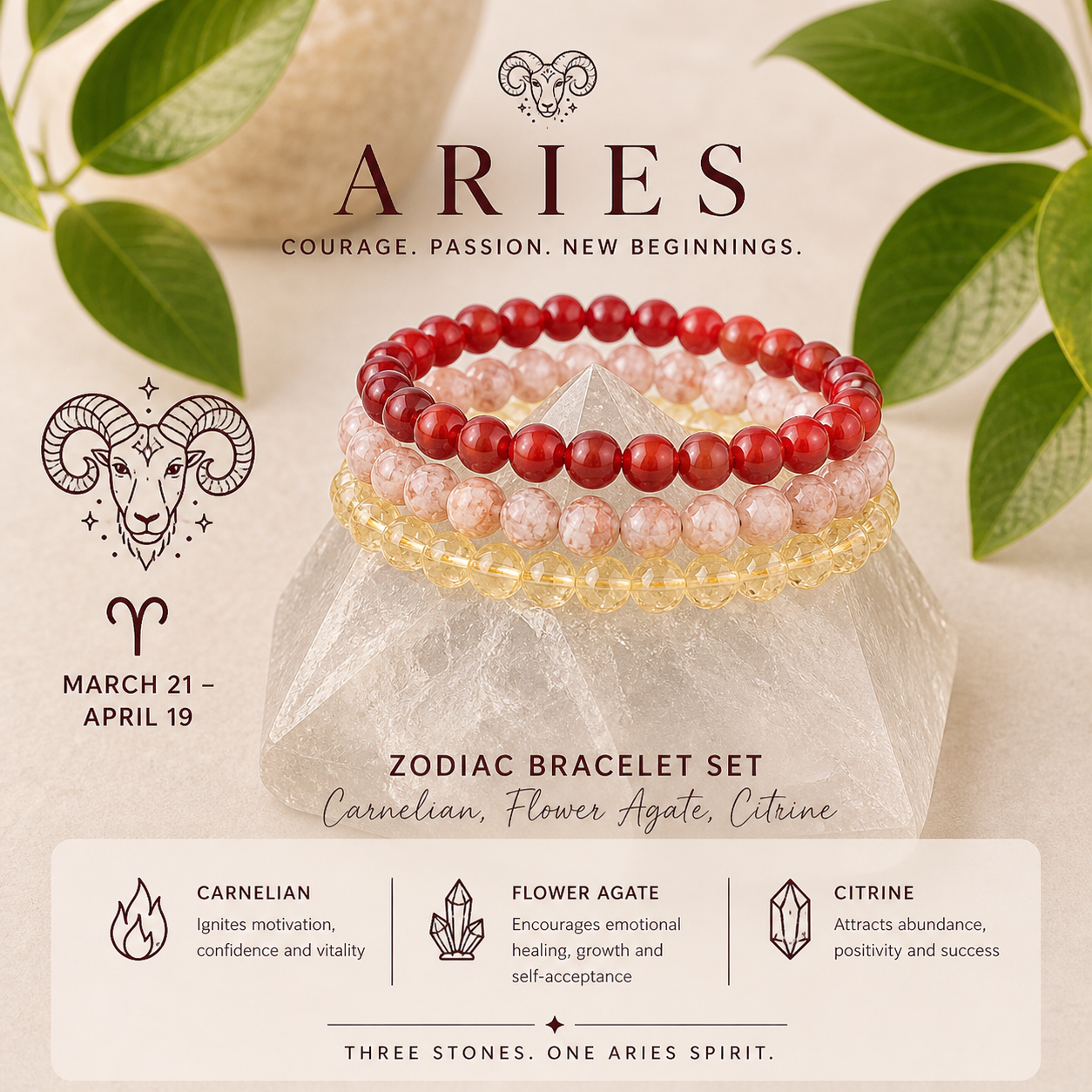 Aries Zodiac Crystal Bracelet Set | Best Crystals for Confidence, Courage & Motivation