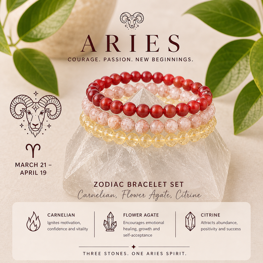 Aries Zodiac Crystal Bracelet Set | Best Crystals for Confidence, Courage & Motivation