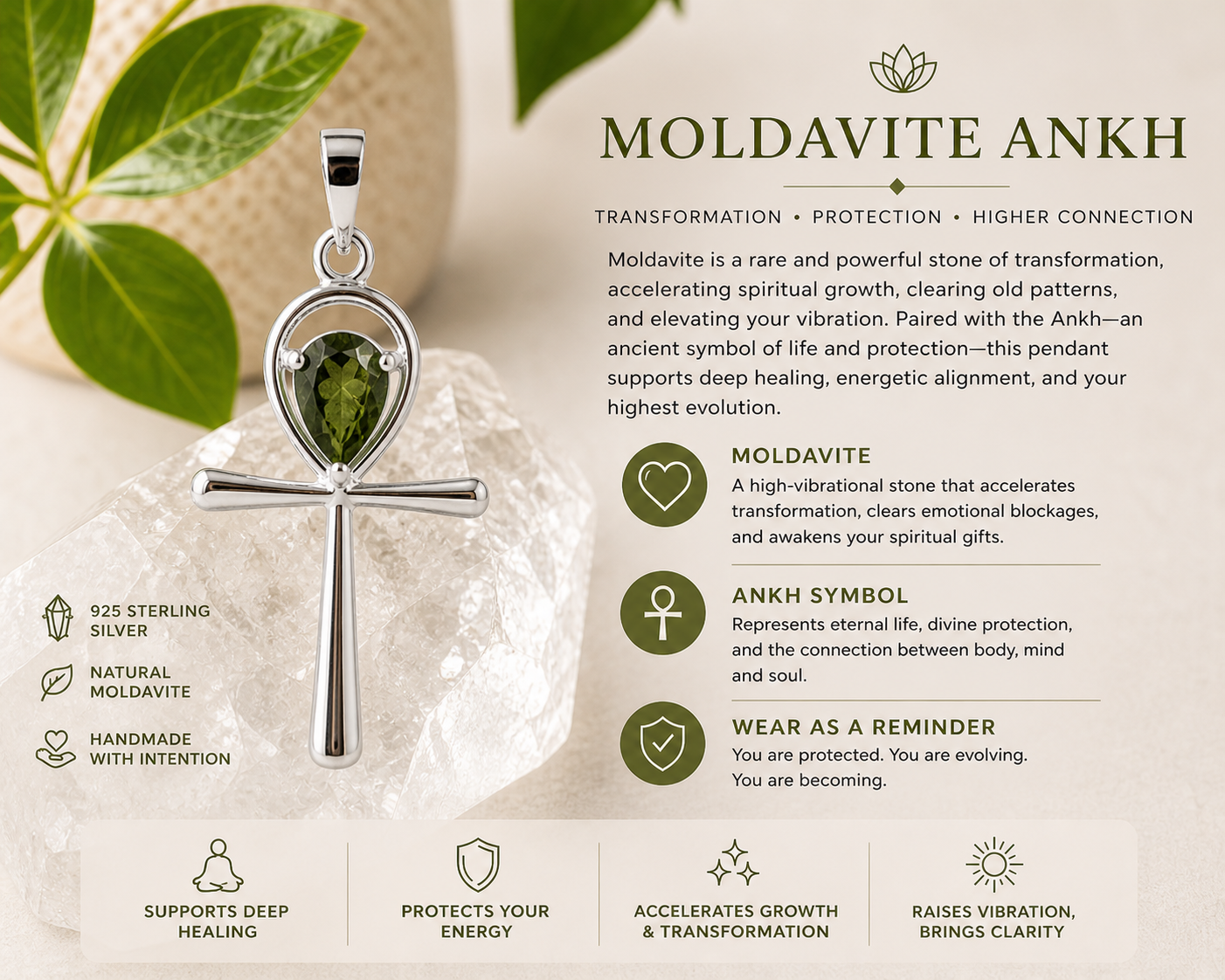 Moldavite Sterling Silver Ankh Pendant