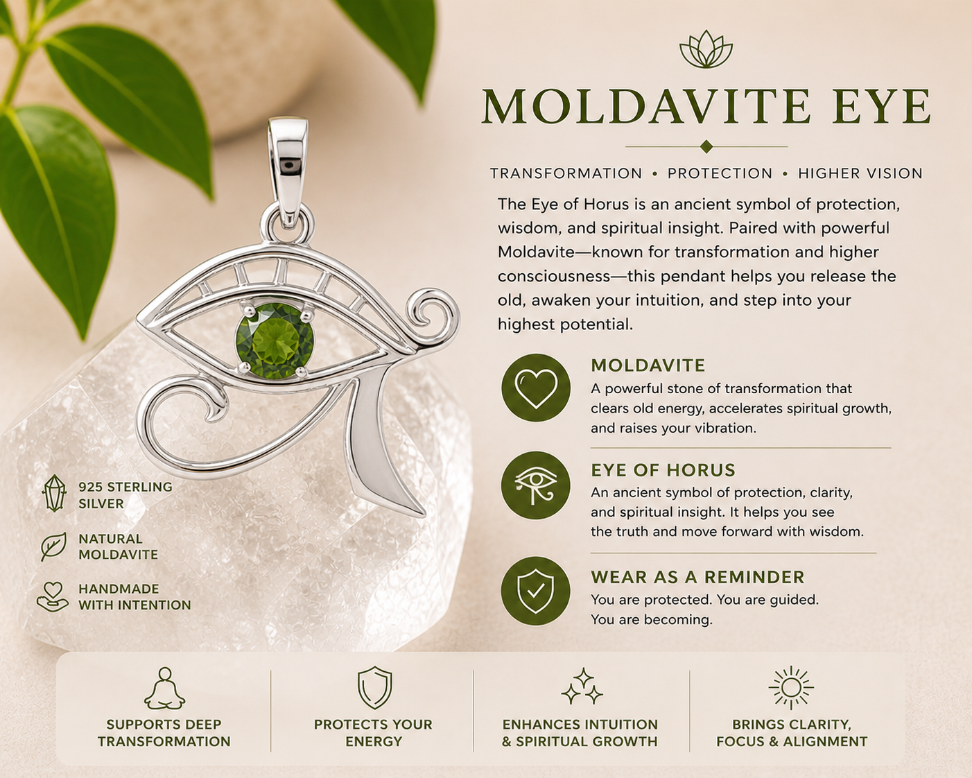 Moldavite Sterling Silver Eye of Heru (Horus)  Pendant