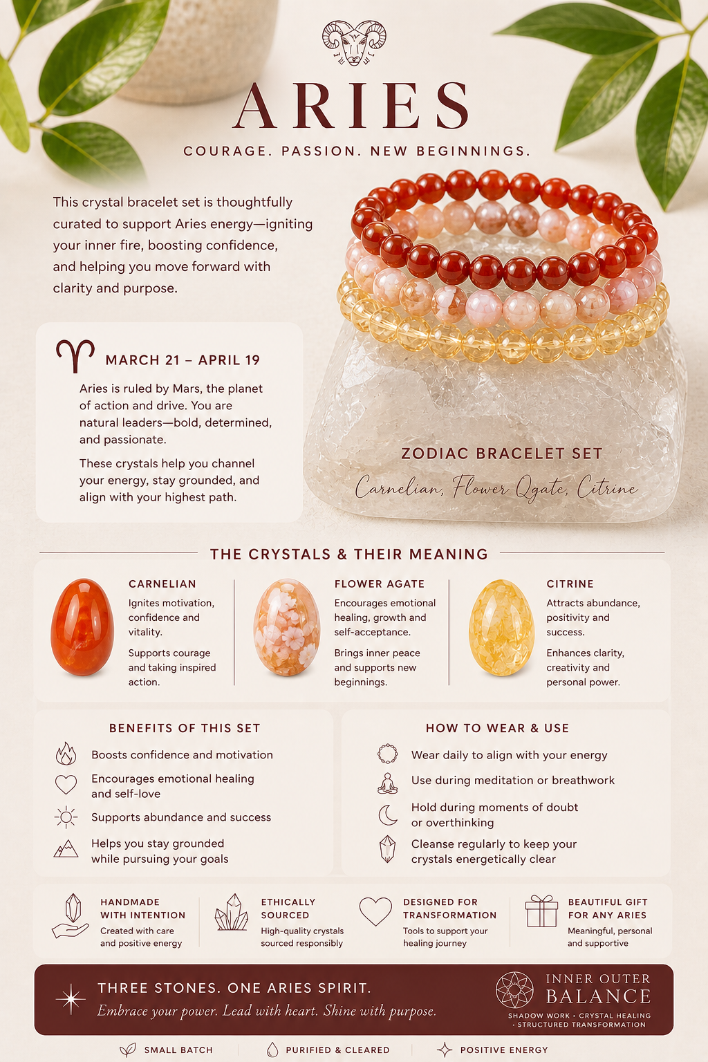Aries Zodiac Crystal Bracelet Set | Best Crystals for Confidence, Courage & Motivation