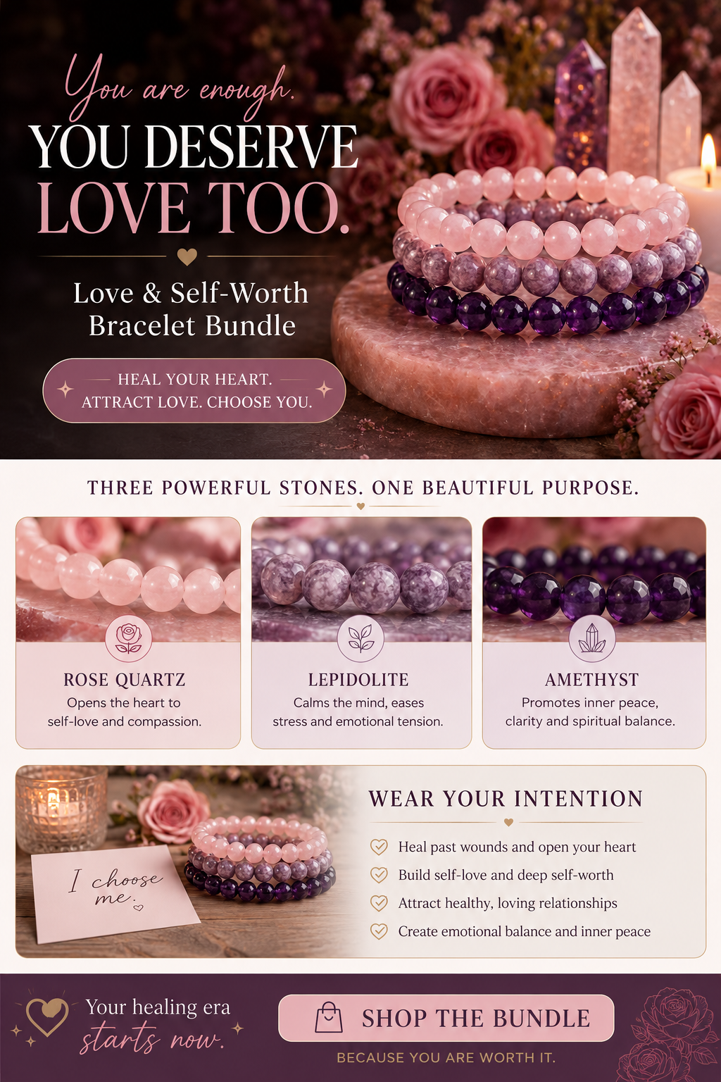 Love & Self-Worth Bracelet Bundle | Emotional Healing, Confidence & Heart Chakra Crystal Trio