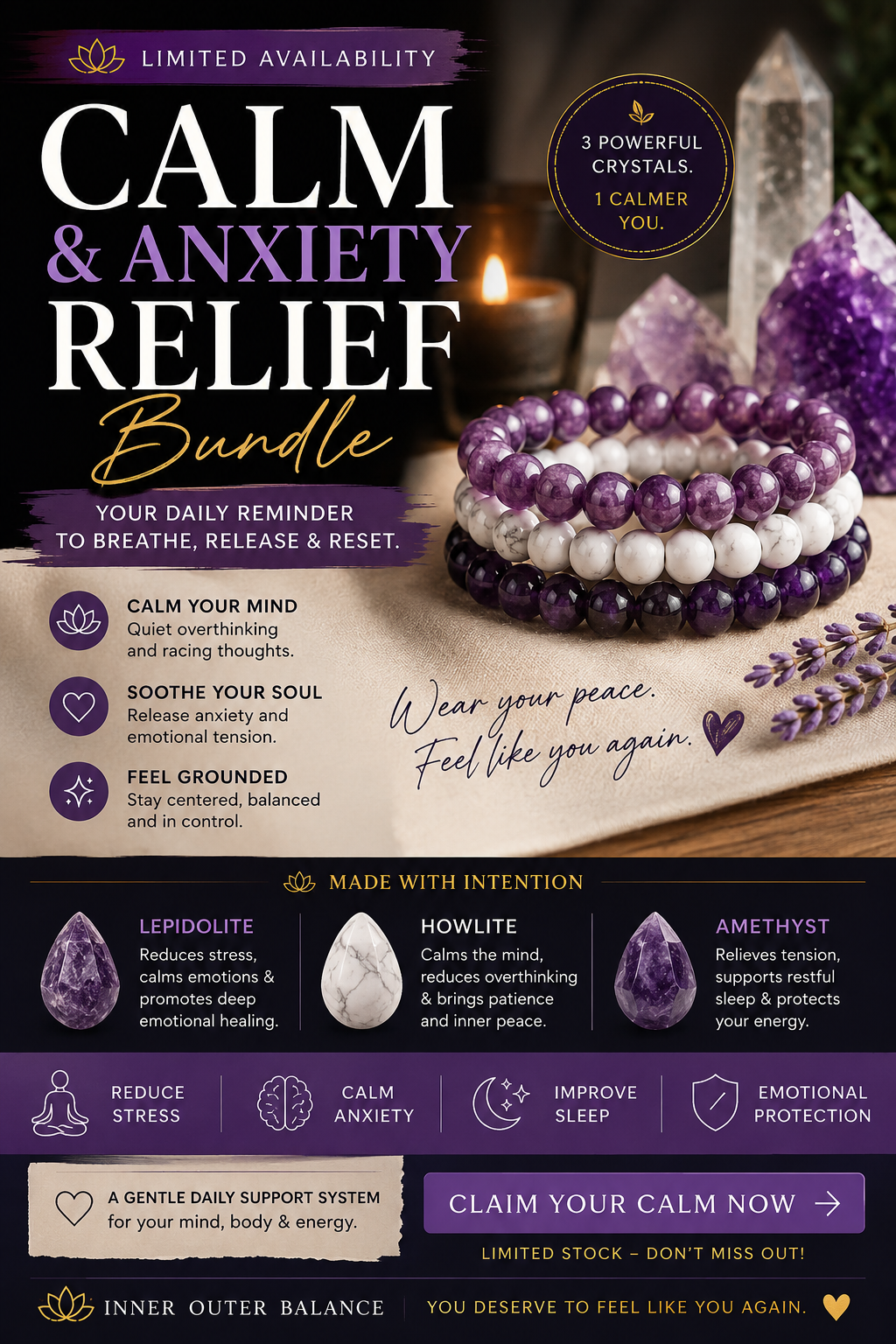 Calm & Anxiety Relief Bracelet Bundle | Stress Relief, Emotional Balance & Inner Peace Crystal Trio