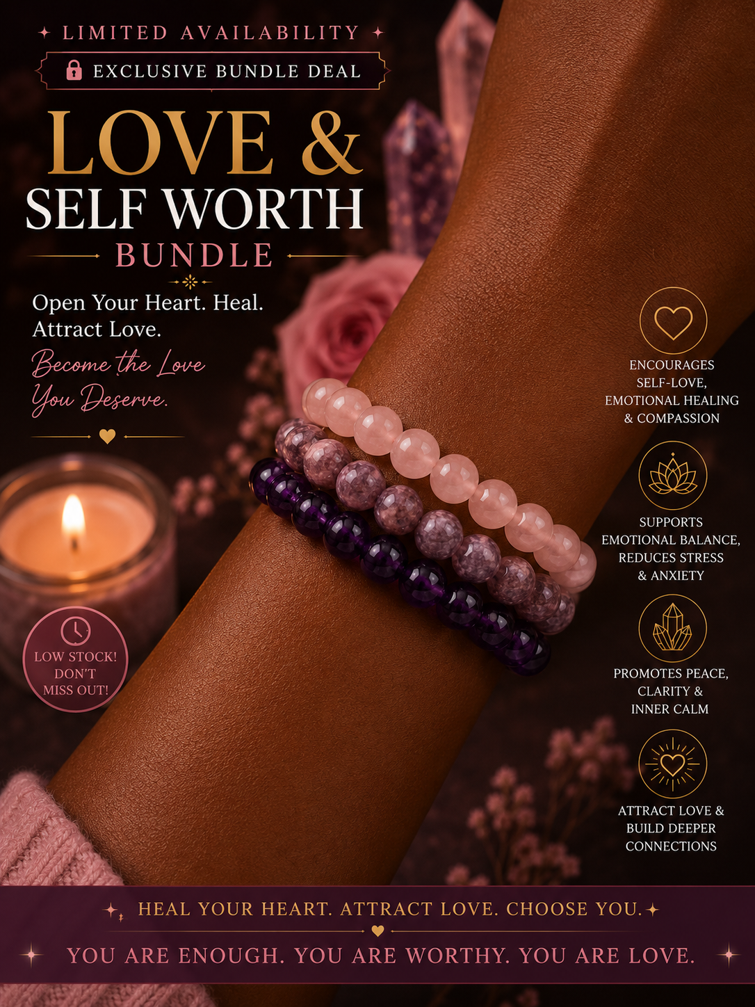Love & Self-Worth Bracelet Bundle | Emotional Healing, Confidence & Heart Chakra Crystal Trio