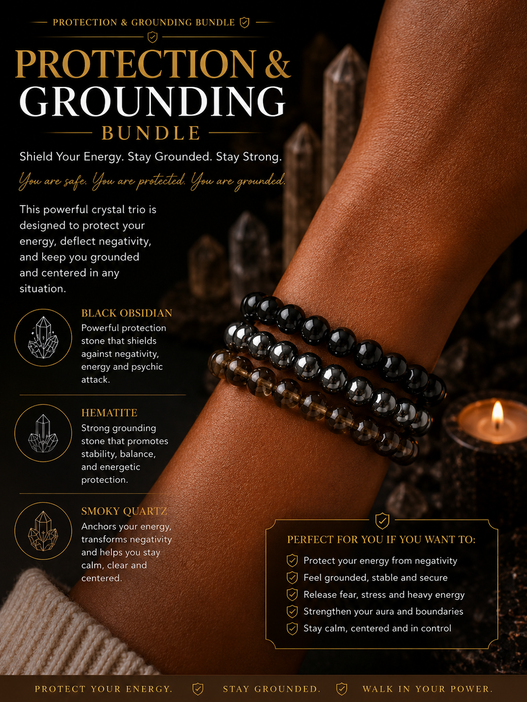 Grounding & Protection Crystal Bracelet Bundle | Block Negativity & Stay Centered