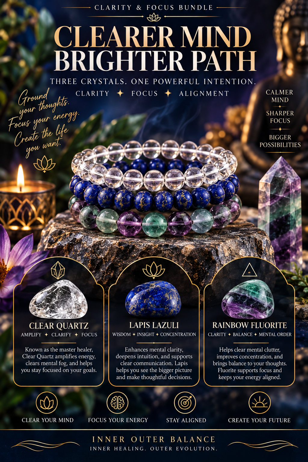Clarity & Focus Bracelet Bundle | Mental Clarity, Concentration & Decision-Making Crystal Trio