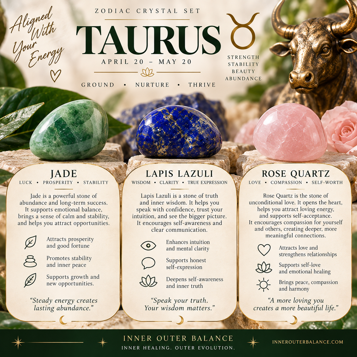 Taurus zodiac crystal bracelet set by Inner Outer Balance, rose quartz, jade and lapis lazuli