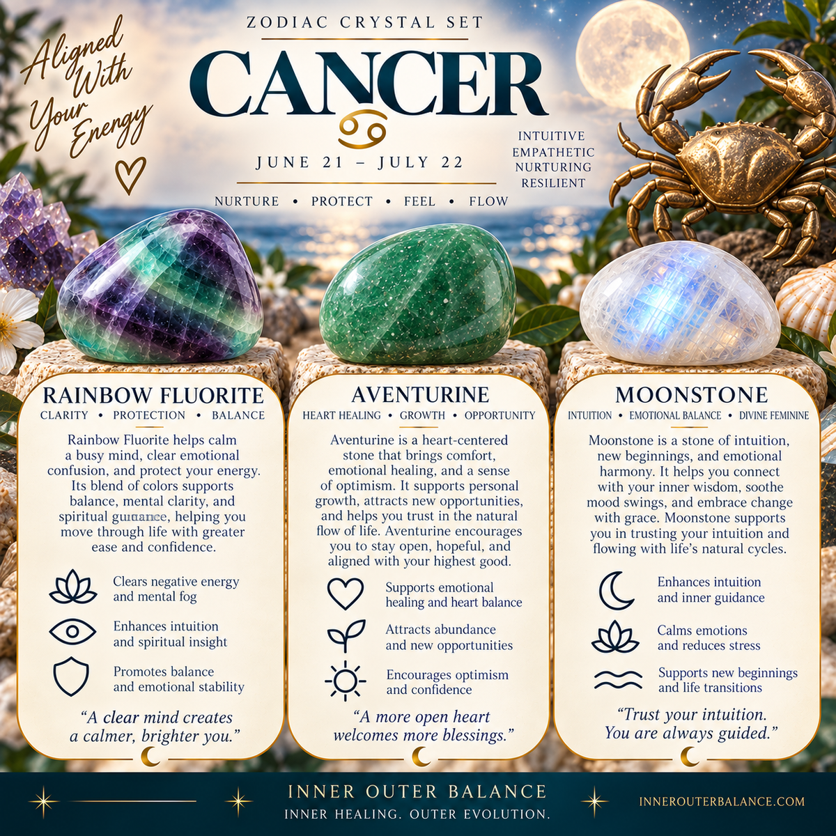 Cancer zodiac crystal set by Inner Outer Balance, featuring three gemstones; Rainbow fluorite, Aventurine and Moonstone along with meanings, affirmations.