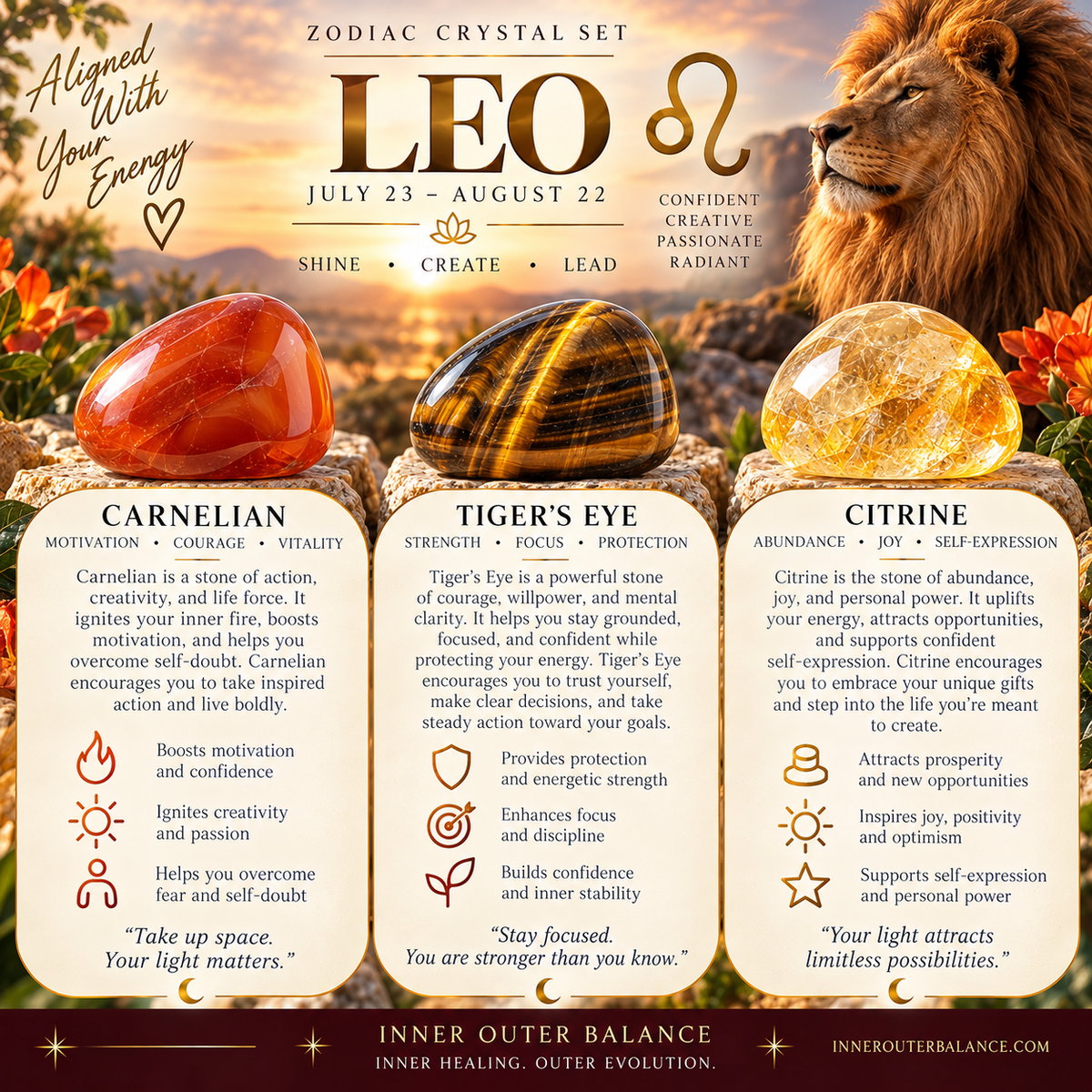 Leo zodiac crystal bracelet set by Inner Outer Balance, tiger's eye, citrine and carnelian crystal stones.