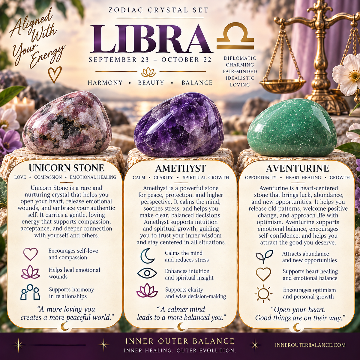Libra zodiac crystal bracelet set by Inner Outer Balance, amethyst, aventurine and unicorn stone