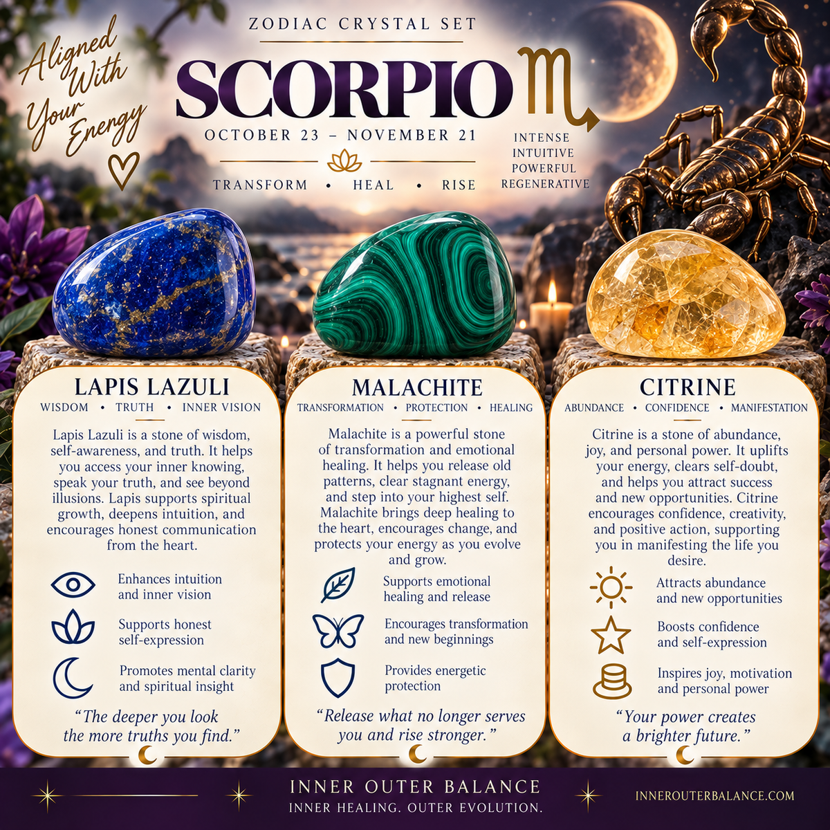 Scorpio zodiac crystal bracelet set by Inner Outer Balance, malachite, lapis lazuli and citrine