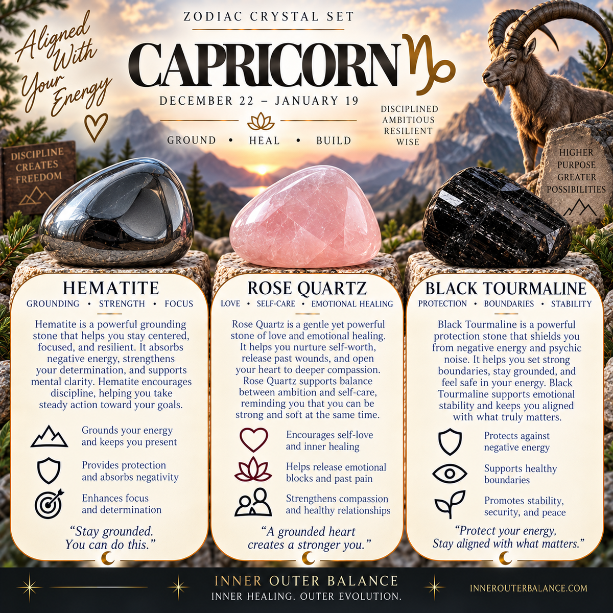 Capricorn zodiac crystal bracelet set by Inner Outer Balance, hematite, rose quartz and black tourmaline