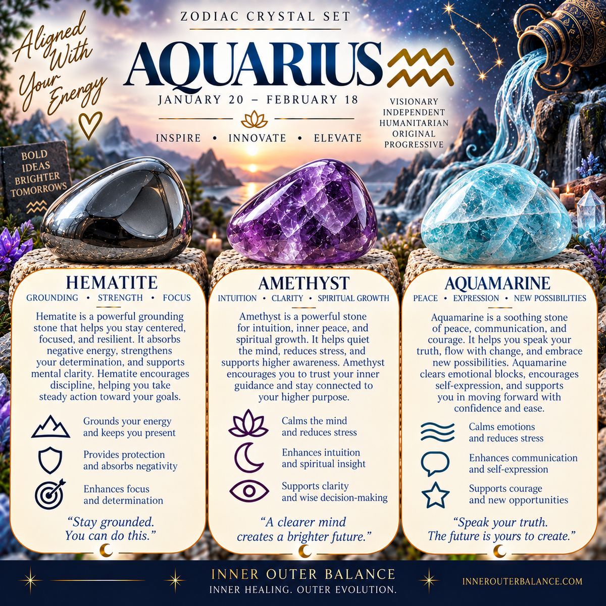 Aquarius zodiac crystal bracelet set by Inner Outer Balance, hematite, aquamarine and amethyst