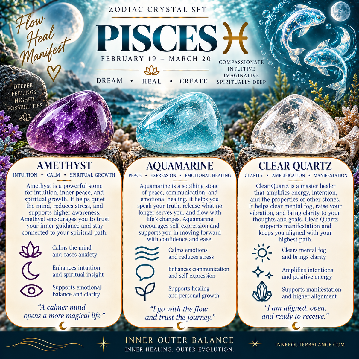 Pisces zodiac crystal bracelet set by Inner Outer Balance, clear quartz, aquamarine and amethyst